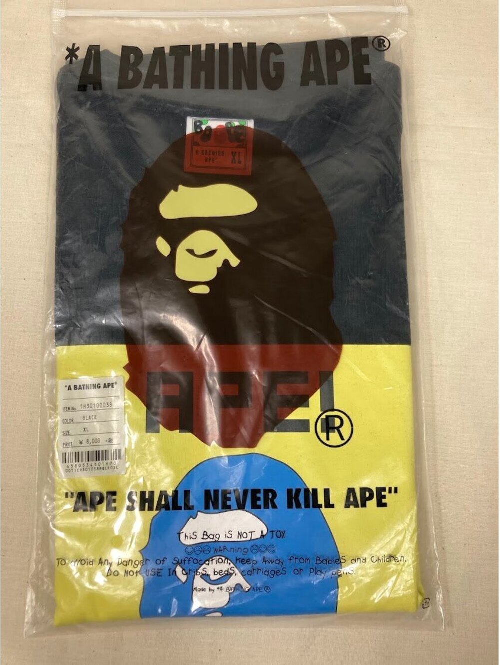 A Bathing Ape BAPE Yellow Blue Ape Black T-Shirt XL
